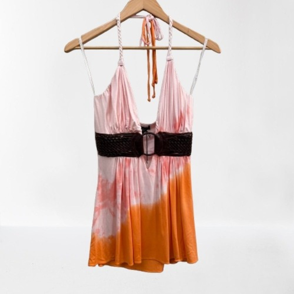 NEW Sky Tie Dye Halter Top Braided Belt Tunic Pink Orange Small